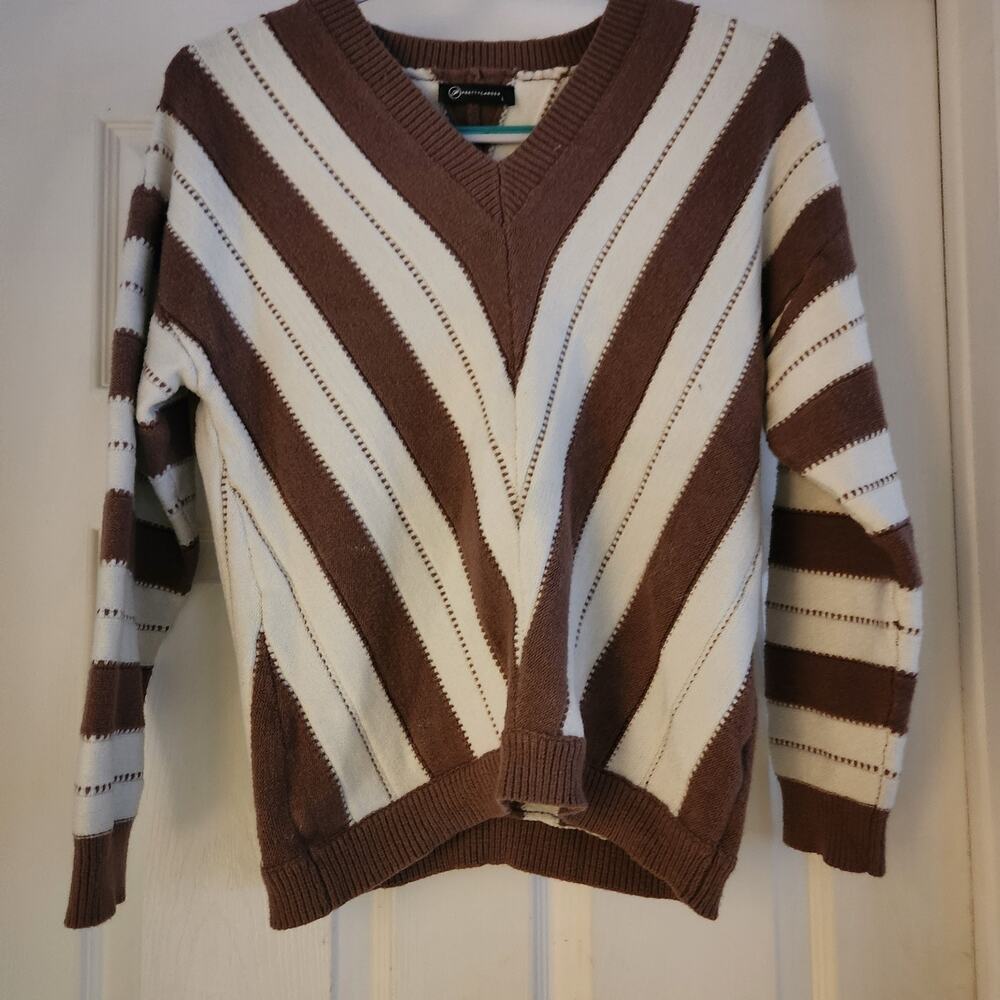 Pretty Garden V-Neck Sweater Women's Brown and Cream Size Large